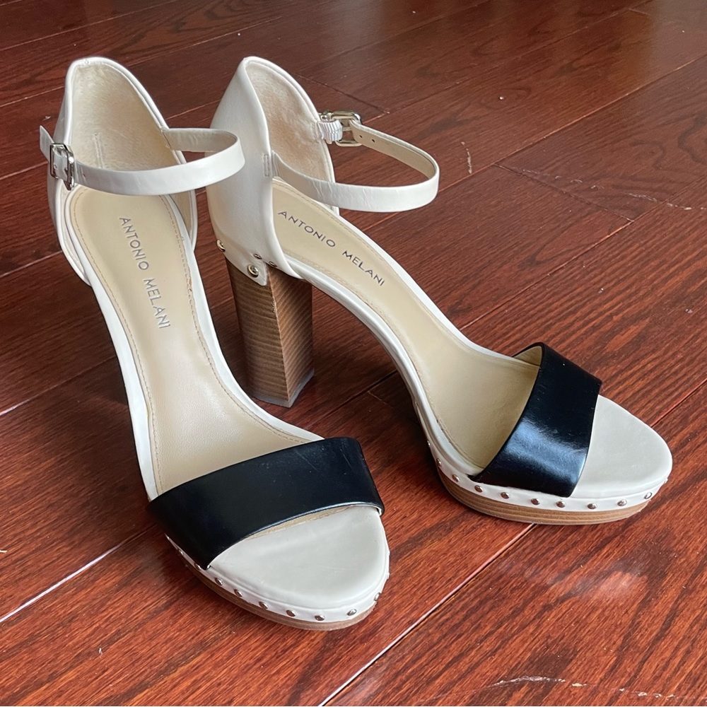 Antonio Melani Studded Black & Cream Heels, Size 8.5